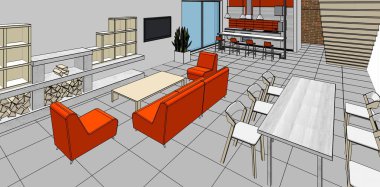 Evin içi. Robot resim. 3d oluşturma