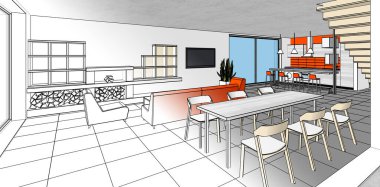 Evin içi. Robot resim. 3d oluşturma