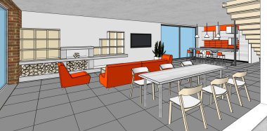 Evin içi. Robot resim. 3d oluşturma