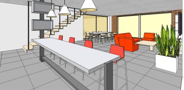 Evin içi. Robot resim. 3d oluşturma