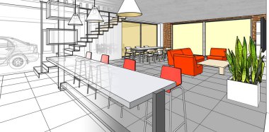 Evin içi. Robot resim. 3d oluşturma