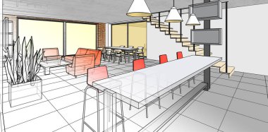 Evin içi. Robot resim. 3d oluşturma