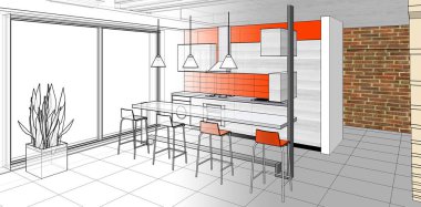 Evin içi. Robot resim. 3d oluşturma