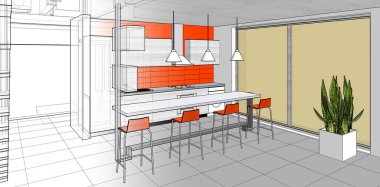 Evin içi. Robot resim. 3d oluşturma