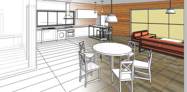 Evin içi. Robot resim. 3d oluşturma