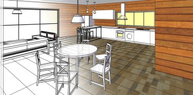 Evin içi. Robot resim. 3d oluşturma