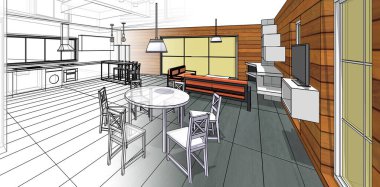 Evin içi. Robot resim. 3d oluşturma