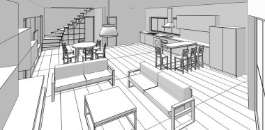 Evin içi. Robot resim. 3d oluşturma