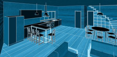 Evin içi. Robot resim. 3d oluşturma