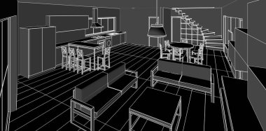 Evin içi. Robot resim. 3d oluşturma