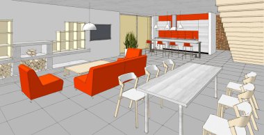 Evin içi. Robot resim. 3d oluşturma