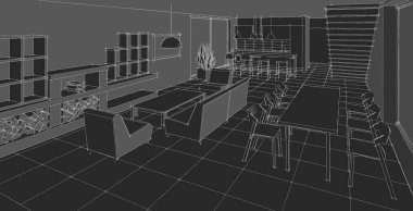 Evin içi. Robot resim. 3d oluşturma