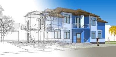 Modern ev mimarisi. 3d illüstrasyon