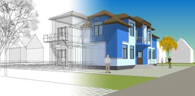 Modern ev mimarisi. 3d illüstrasyon