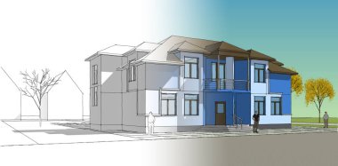 Modern ev mimarisi. 3d illüstrasyon