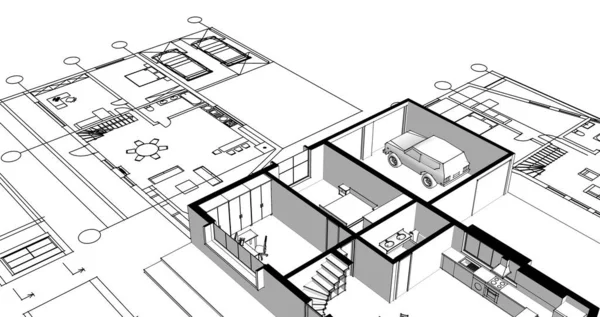 现代住宅建筑 3D说明 — 图库照片