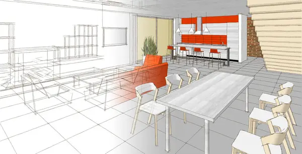 Evin içi. Robot resim. 3d oluşturma