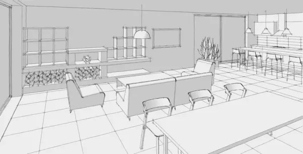 House interior. Sketch. 3d rendering