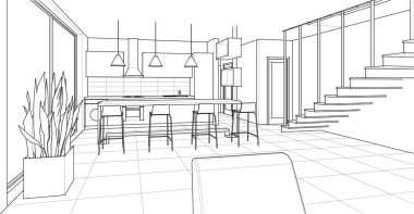 Evin iç mimarisi. 3d oluşturma