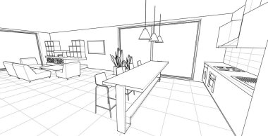 Evin iç mimarisi. 3d oluşturma