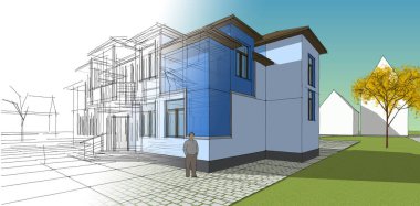 Modern ev mimarisi. 3d illüstrasyon