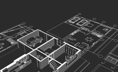 Mimari proje. Ev çizimi. 3d illüstrasyon