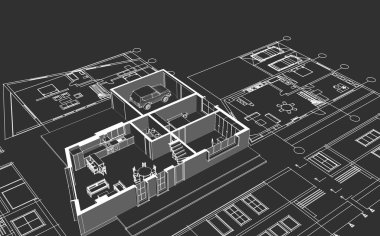 Mimari proje. Ev çizimi. 3d illüstrasyon