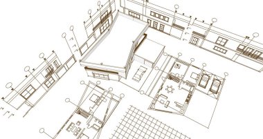 Mimari proje. Ev çizimi. 3d illüstrasyon