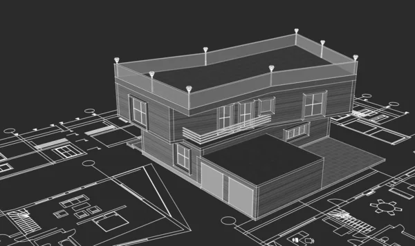 Architectural project. House sketch. 3d illustration