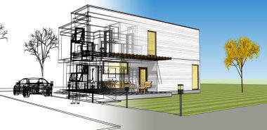 Moden Evi. Mimari çizim. 3d illüstrasyon