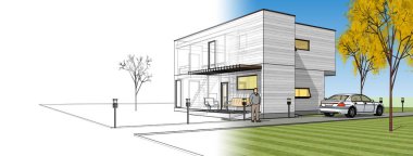 Moden Evi. Mimari çizim. 3d illüstrasyon