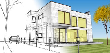 Moden Evi. Mimari çizim. 3d illüstrasyon