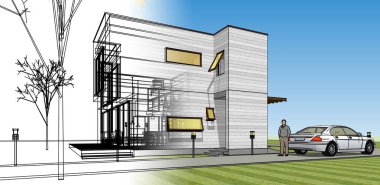 Moden Evi. Mimari çizim. 3d illüstrasyon