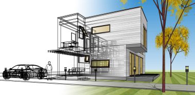 Moden Evi. Mimari çizim. 3d illüstrasyon