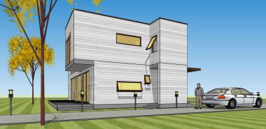 Moden Evi. Mimari çizim. 3d illüstrasyon