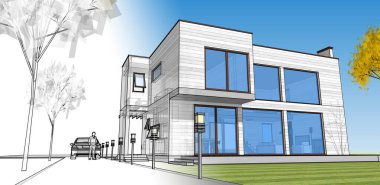 Moden Evi. Mimari çizim. 3d illüstrasyon