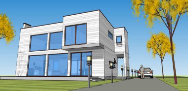 Moden Evi. Mimari çizim. 3d illüstrasyon