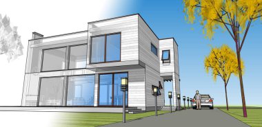 Moden Evi. Mimari çizim. 3d illüstrasyon