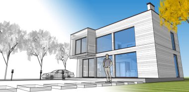 Moden Evi. Mimari çizim. 3d illüstrasyon