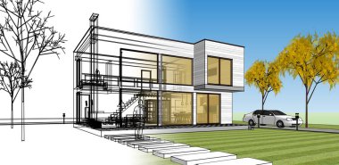 Moden Evi. Mimari çizim. 3d illüstrasyon