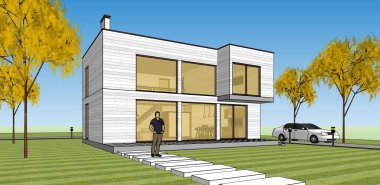 Moden Evi. Mimari çizim. 3d illüstrasyon