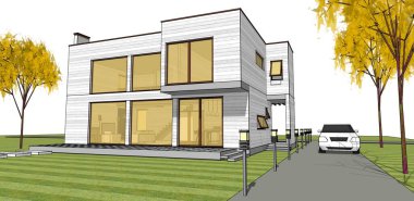 Moden Evi. Mimari çizim. 3d illüstrasyon