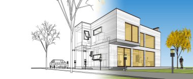 Moden Evi. Mimari çizim. 3d illüstrasyon