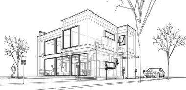 Moden Evi. Mimari çizim. 3d illüstrasyon