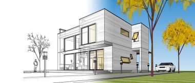 Moden Evi. Mimari çizim. 3d illüstrasyon