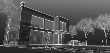 Moden Evi. Mimari çizim. 3d illüstrasyon