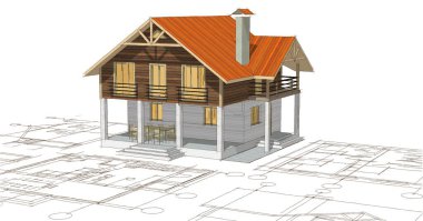 Moden Evi. Mimari çizim. 3d illüstrasyon
