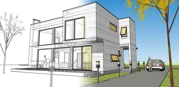 Moden Evi. Mimari çizim. 3d illüstrasyon