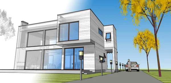 Moden Evi. Mimari çizim. 3d illüstrasyon
