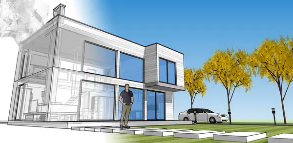 Moden Evi. Mimari çizim. 3d illüstrasyon